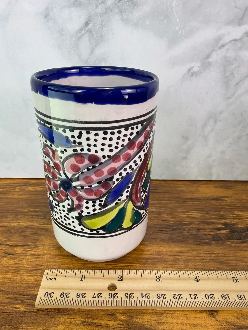 Set of 6 Mexican Talavera Style Pottery Tumblers Hand Painted Fish Folk Art Cups